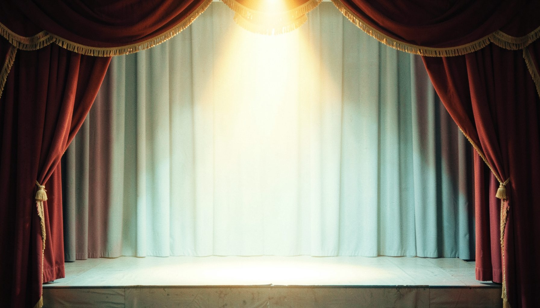 A vintage-style stage with warm amber spotlight and ornate red drapery, nostalgic and dramatic