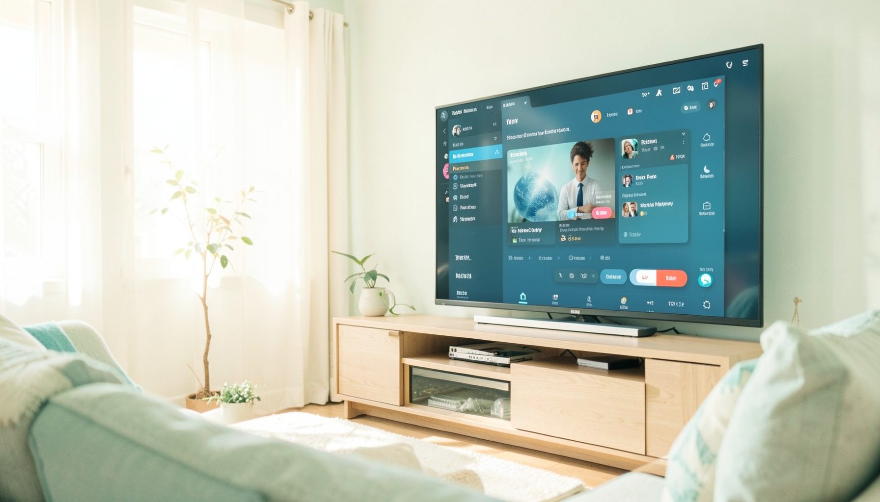 A cozy living room with a large TV screen displaying a streaming interface, soft warm lighting