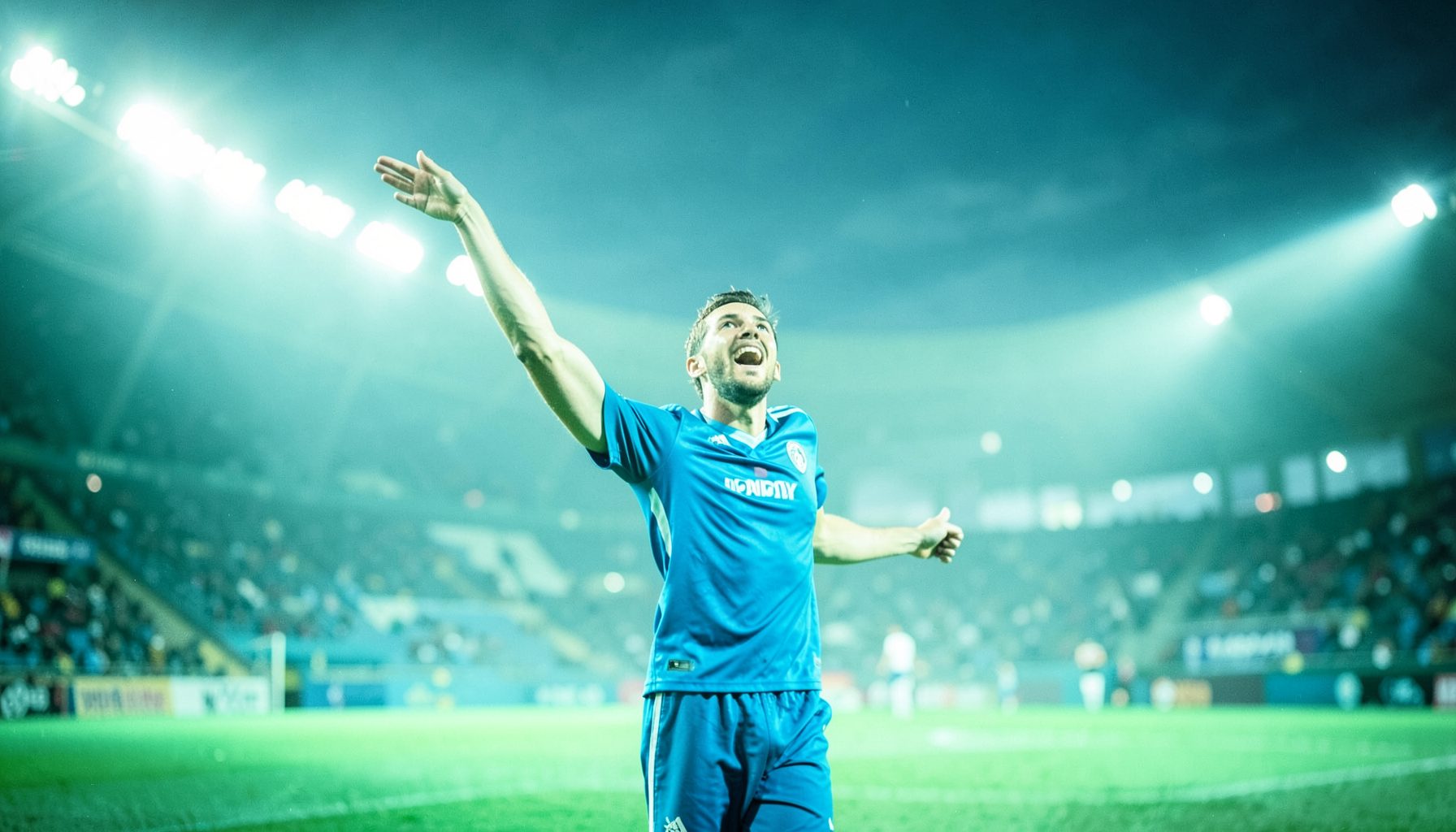 Soccer player in a blue jersey celebrating on the pitch, arms raised, stadium lights glowing against a darkening sky