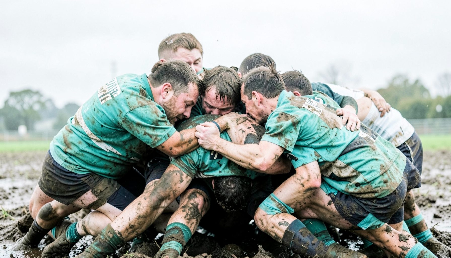 Rugby players in a tight scrum on a muddy field, jerseys streaked with dirt, grey overcast sky, raw physical contest