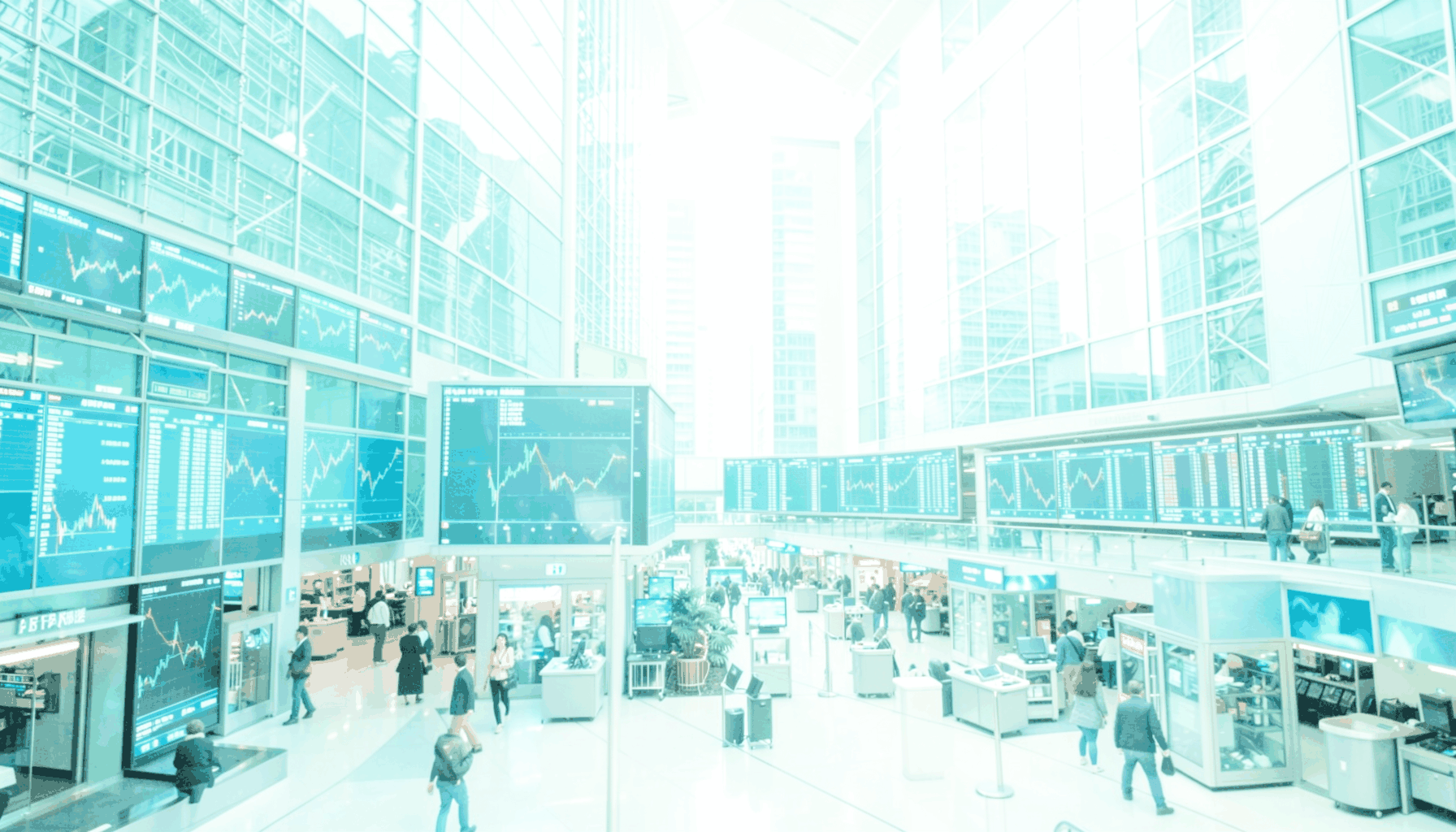 A bright high-key photograph of a trading floor or financial district with glowing screens and sleek architecture, evoking the pace of global markets.