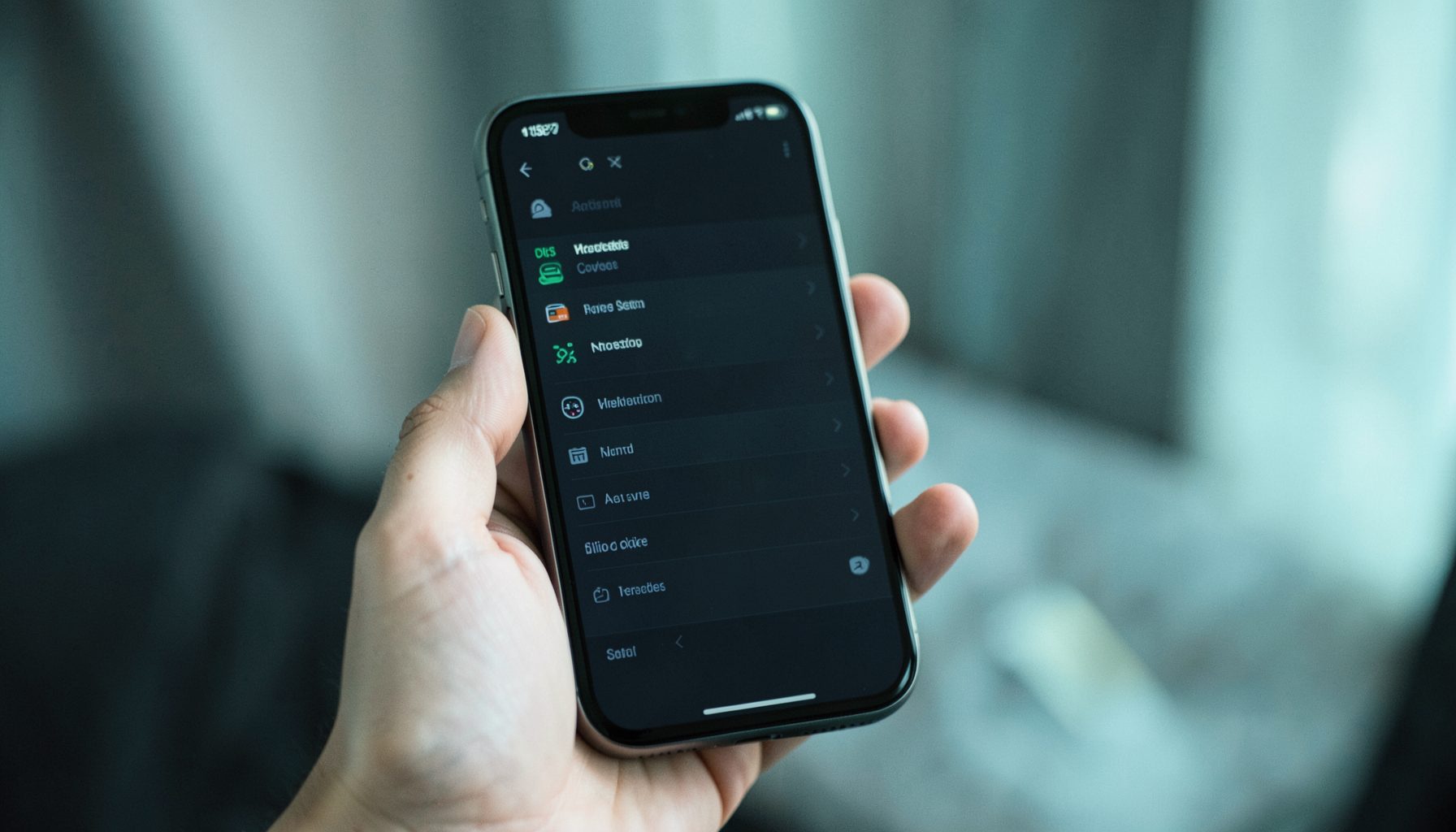 A hand holding a smartphone with a dark-themed settings screen, ambient dim lighting with deep charcoal and slate tones