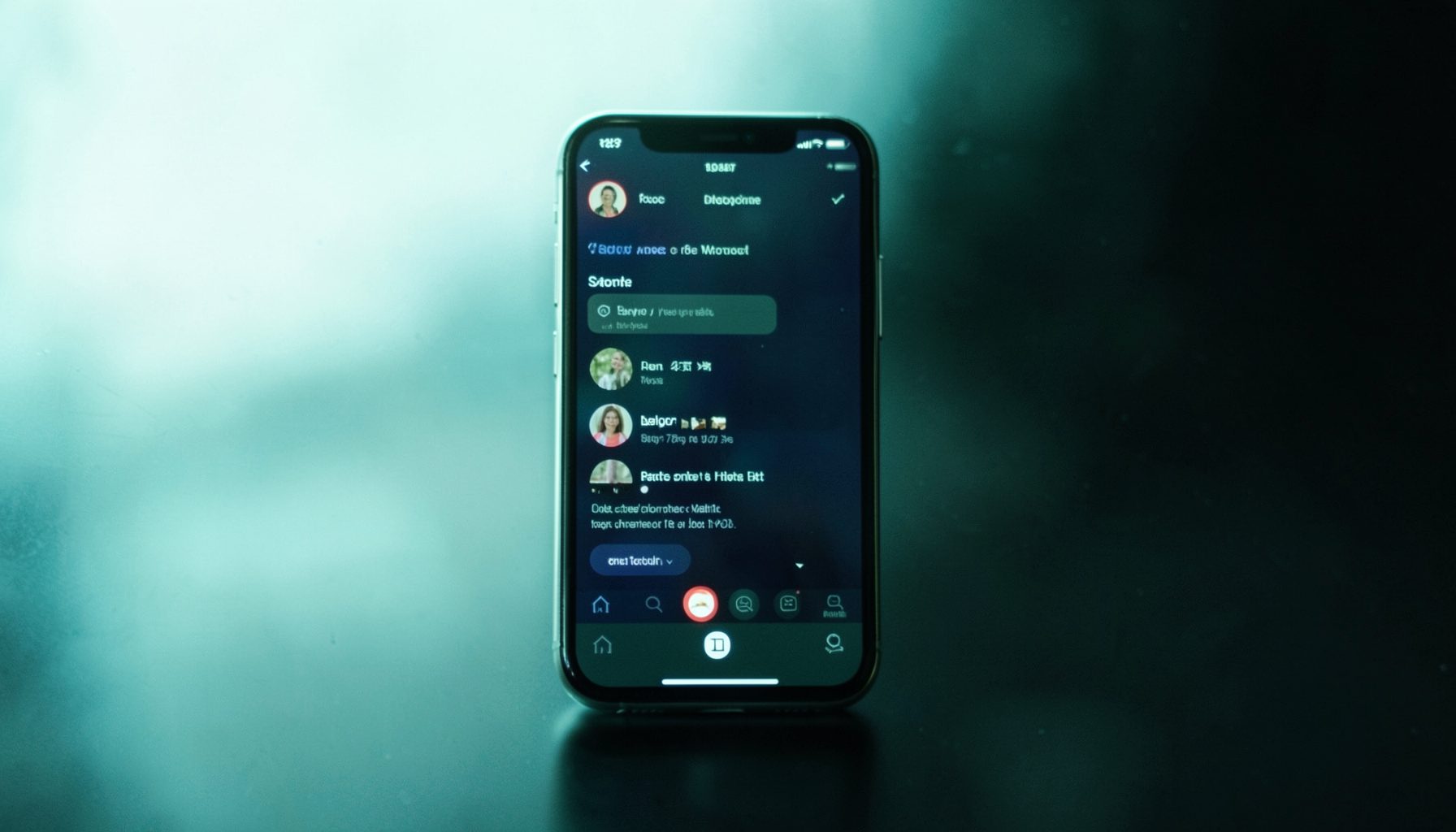 A smartphone displaying Instagram in dark mode, set against a dark background with subtle reflections