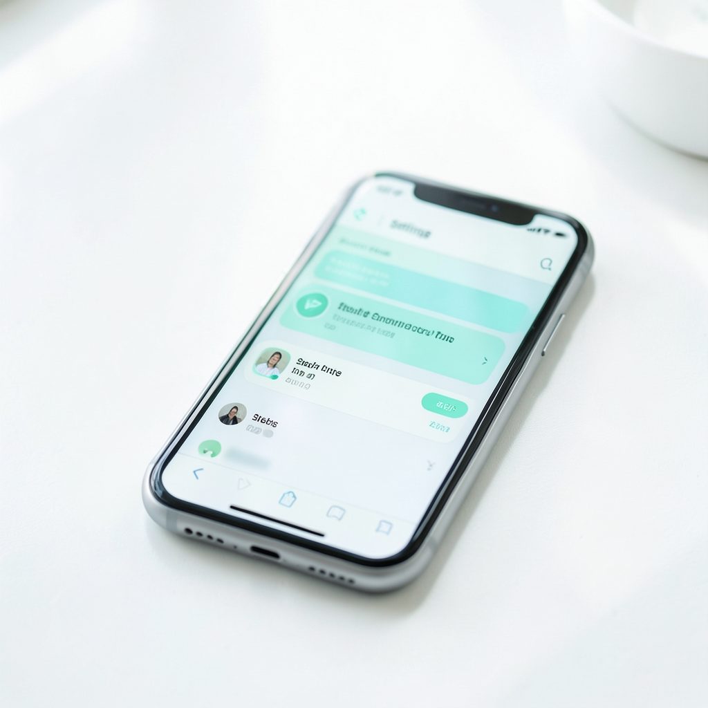 An iPhone resting on a light surface with the Settings app open showing a software update screen, bright and airy with soft white and silver tones