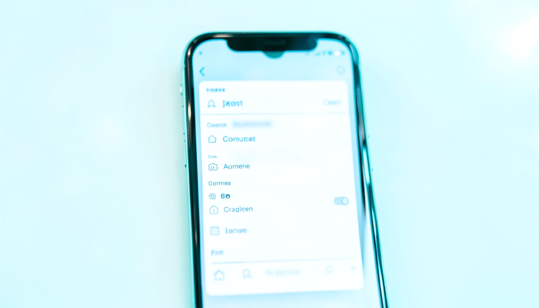 A smartphone screen showing a contacts list with one entry blurred out, cool blue-white lighting