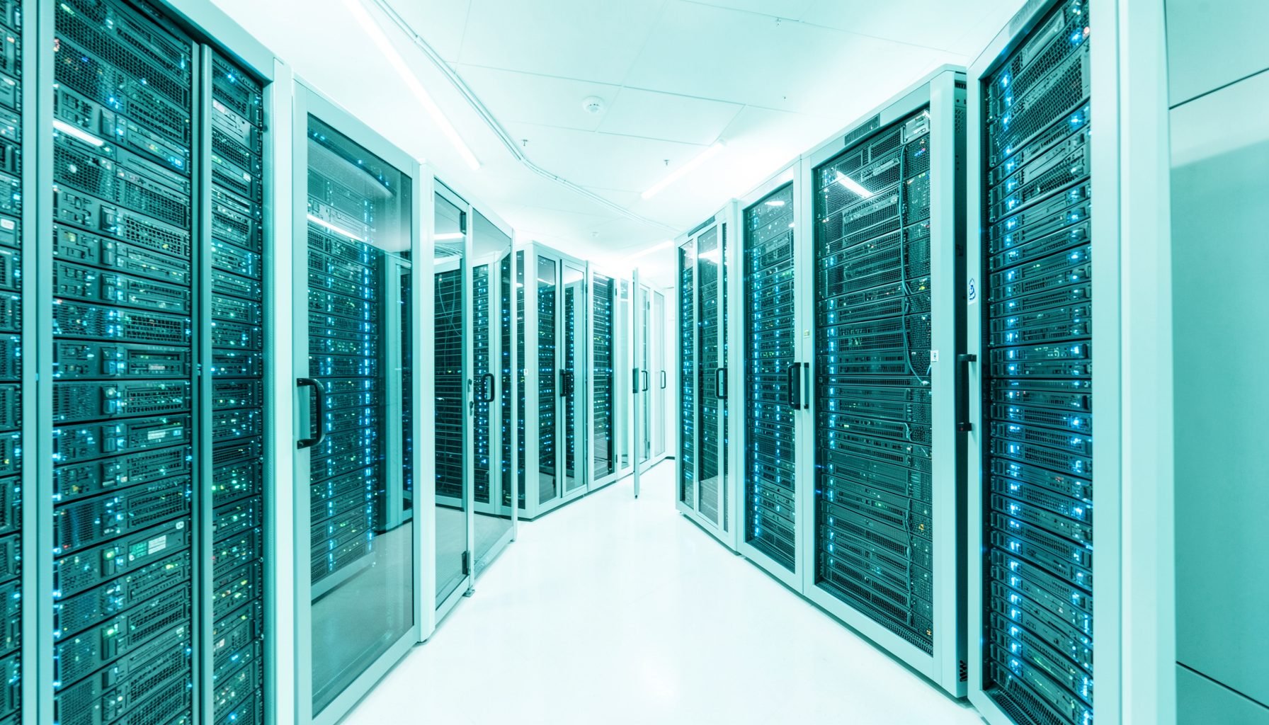 Rows of server racks in a modern data center with blue LED lighting, clean and futuristic atmosphere