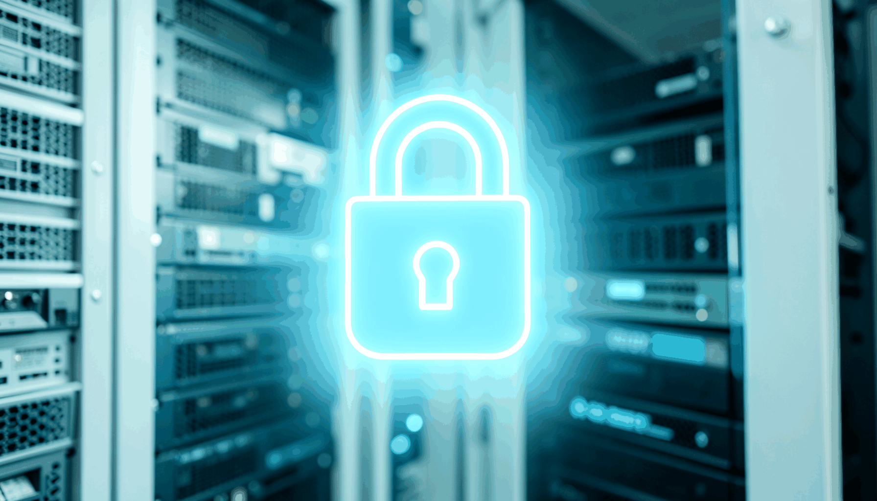 A glowing virtual lock icon hovering over a server rack, symbolizing encrypted cloud processing, deep blue and cyan tones