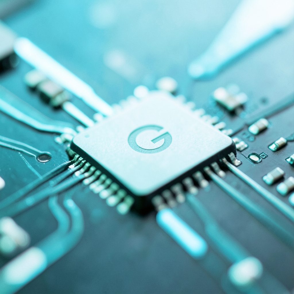 A close-up of a smartphone processor chip with the Google 'G' logo subtly visible, set against a dark technical background with blue accent lighting