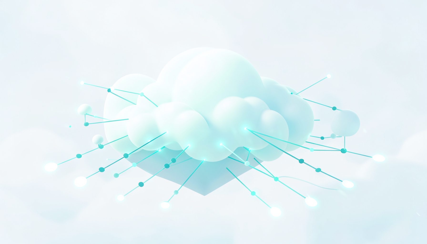 A stylized digital illustration of cloud infrastructure with glowing connection lines, teal and navy palette