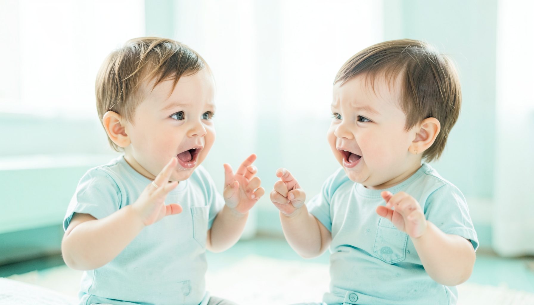 Two toddlers having a babbling conversation with exaggerated hand gestures, soft indoor lighting, adorable and funny mood