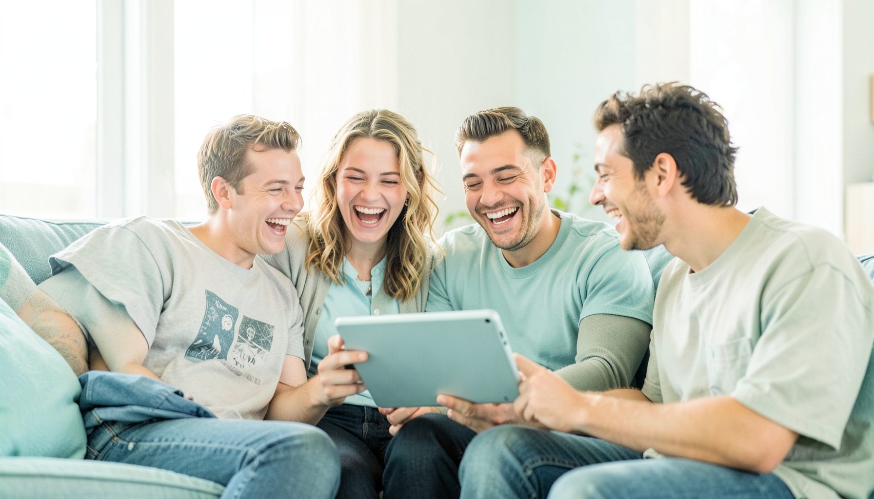 Bright, airy scene of a group of friends laughing together on a couch while watching something on a tablet, warm indoor lighting, casual and joyful mood