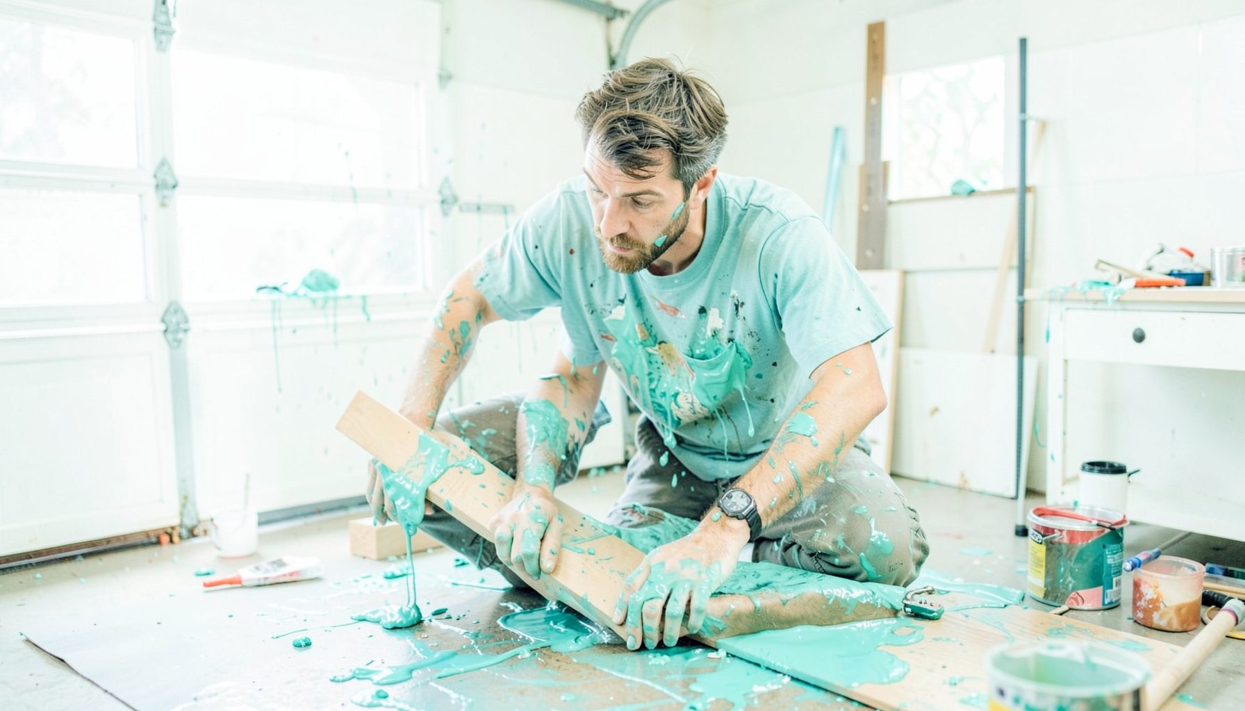 A man attempting a DIY project that goes comically wrong, paint splattered everywhere, bright garage setting, slapstick mood