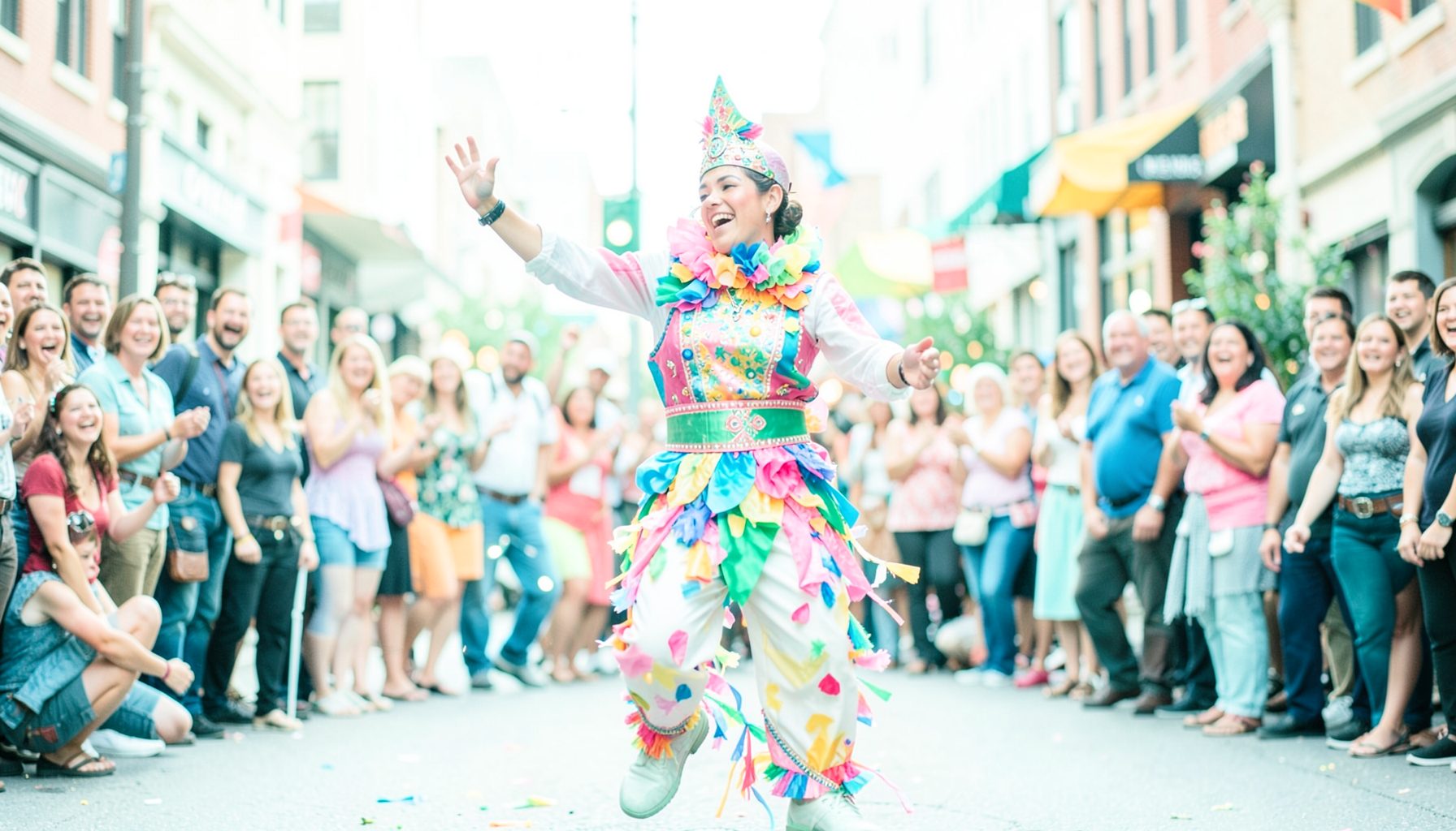 A street performer in a colorful costume doing an unexpected dance move, crowd laughing, vibrant urban backdrop, festive mood