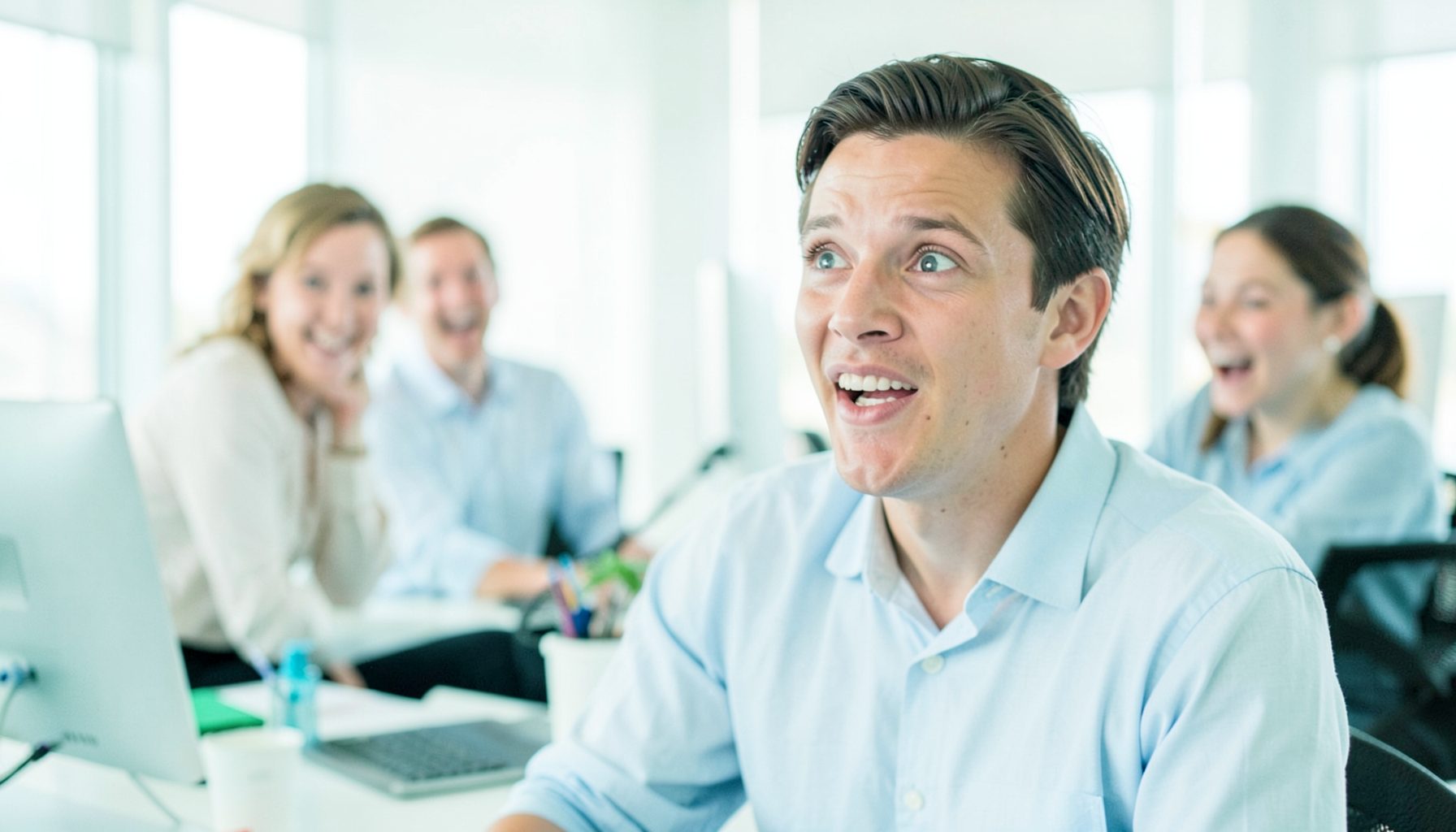 An office worker making funny faces during a video call, coworkers cracking up in the background, bright modern office, candid humor